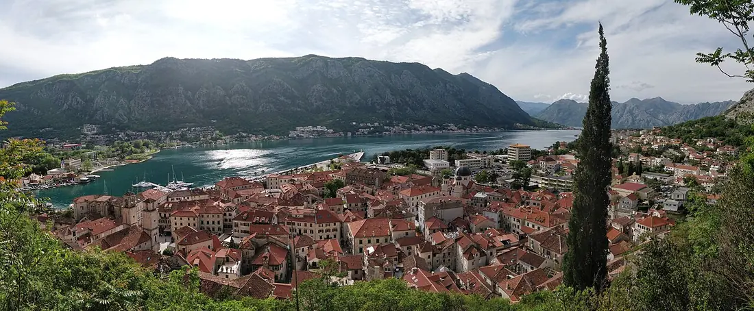 Red roofs of Kotor old town and the bay seen from above