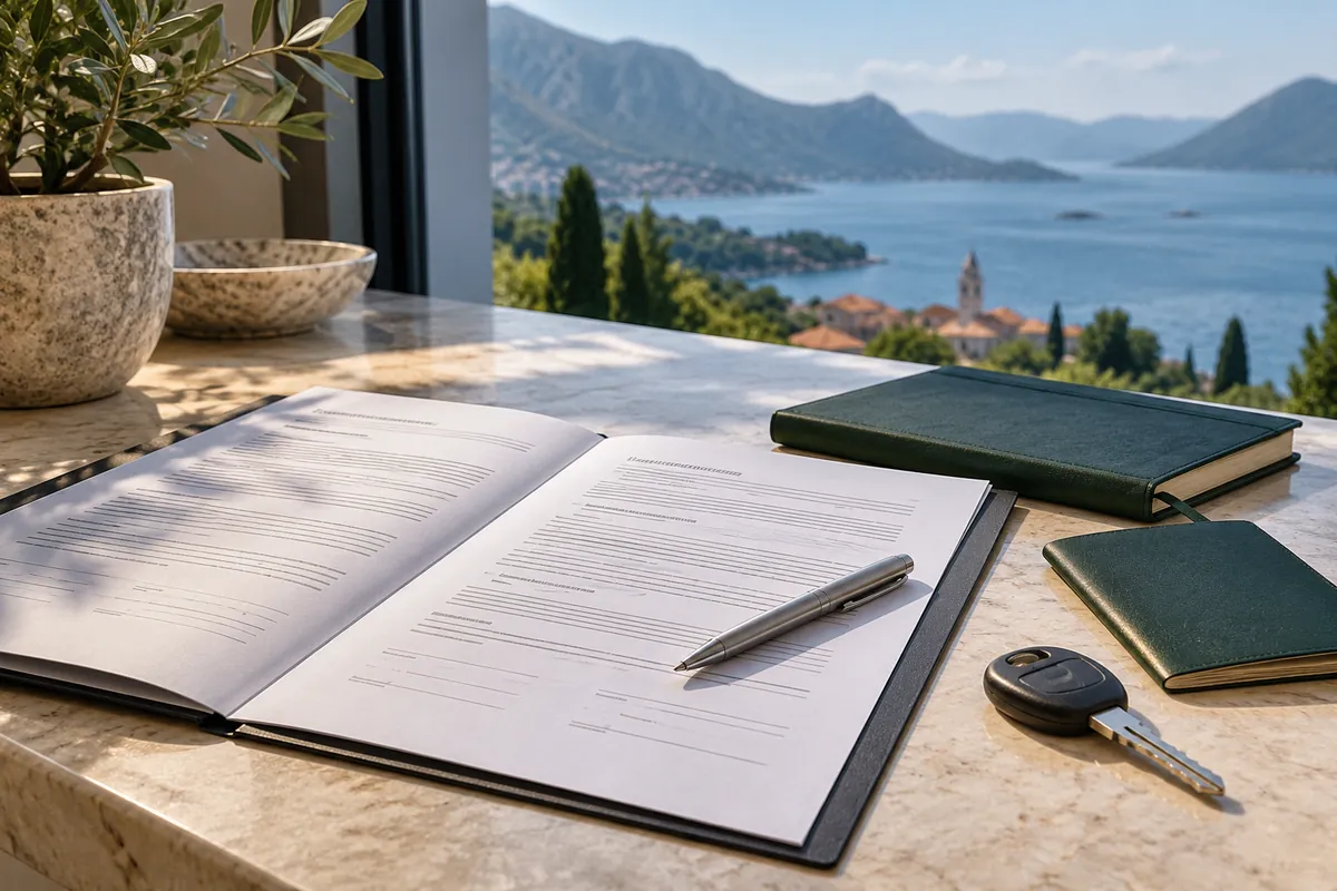 Illustration: rental agreement, travel documents and a key on a desk